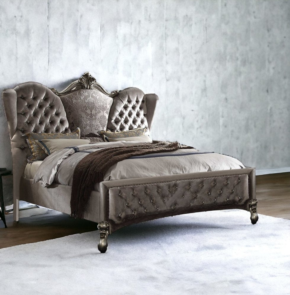 Gray Queen Tufted Upholstered Velvet Bed Frame with Nailhead Trim