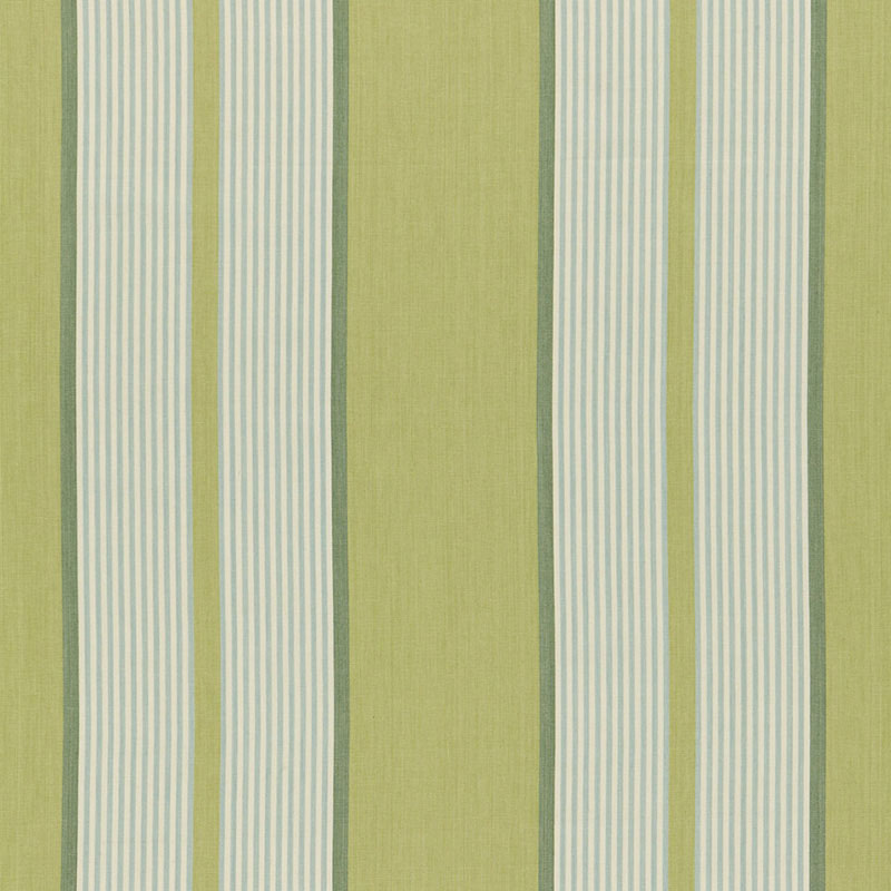 Green striped fabric with wide olive and lime panels and pale blue thin stripes; versatile for upholstery.