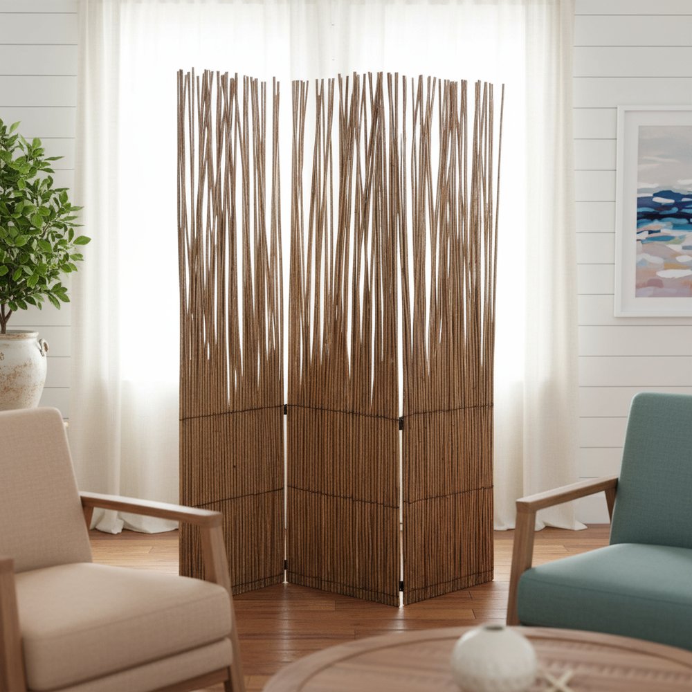 69" Brown Wood and Metal Folding Three Panel Screen Room Divider