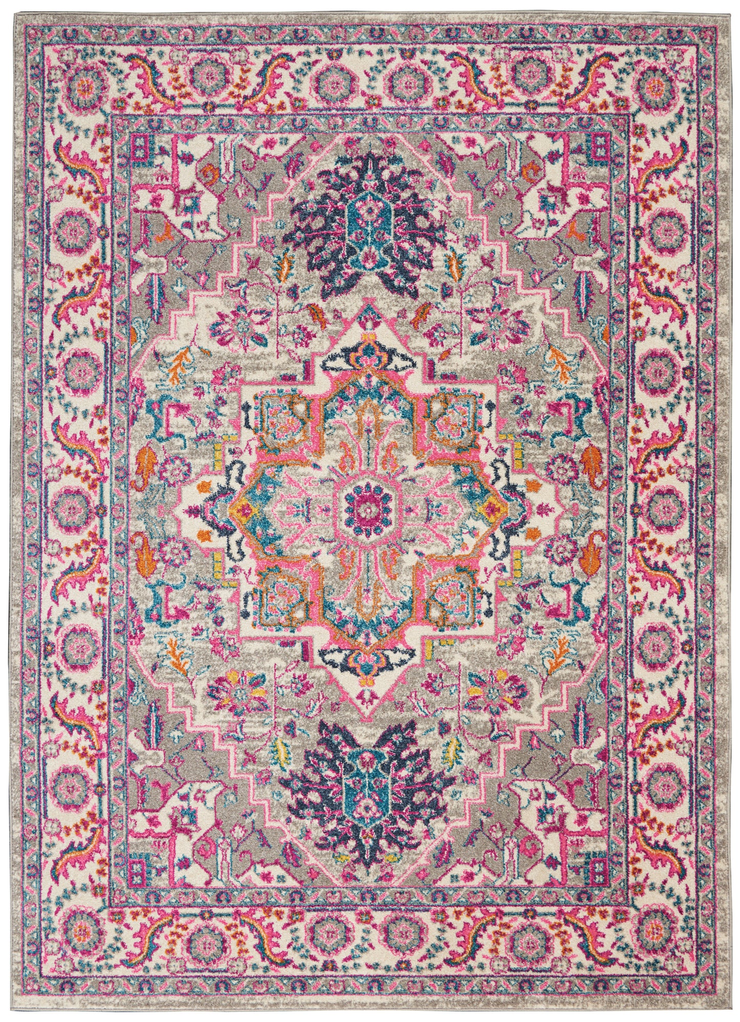 Colorful Bohemian-inspired area rug with pink, teal, navy and coral hues; central medallion, floral patterns, border.