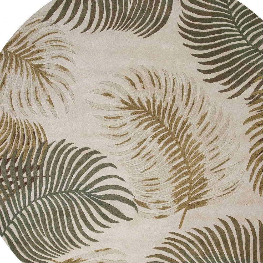8' Beige Green And Brown Wool Botanical Leaves Hand Tufted Runner Rug