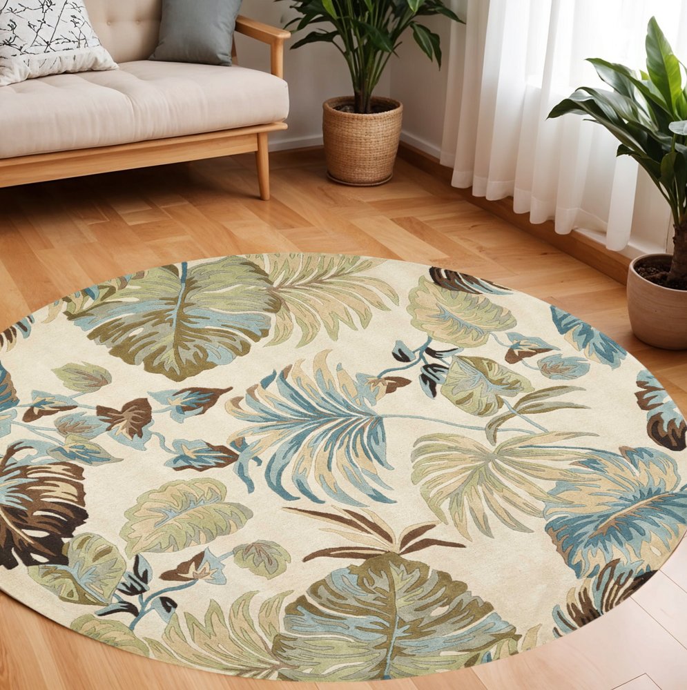 3' X 5' Ivory And Blue Wool Botanical Leaves Hand Tufted Area Rug