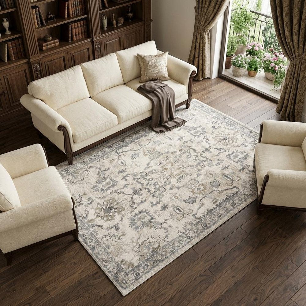 8' X 10' Ivory And Gray Floral Medallion Area Rug