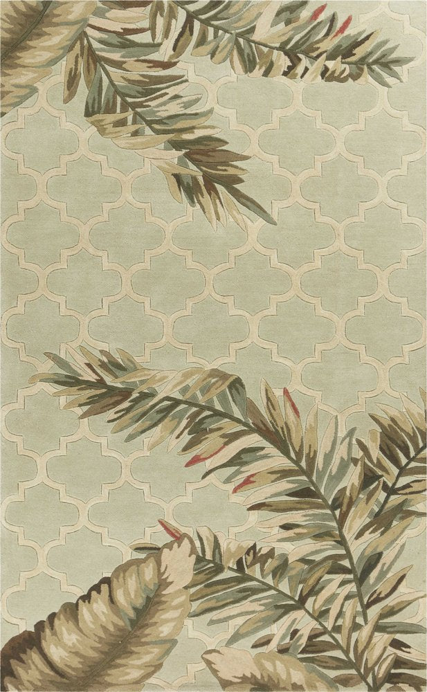 8' X 10' Sage Taupe And Green Wool Tropical Botanical Hand Tufted Area Rug