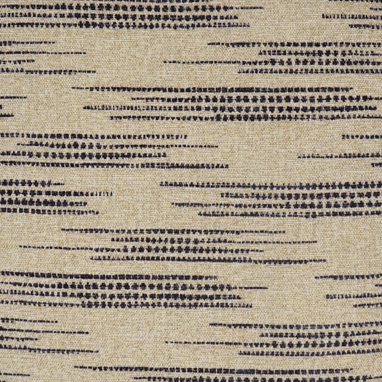 Beige textured upholstery fabric with dark navy dotted dash stripes, modern abstract pattern.