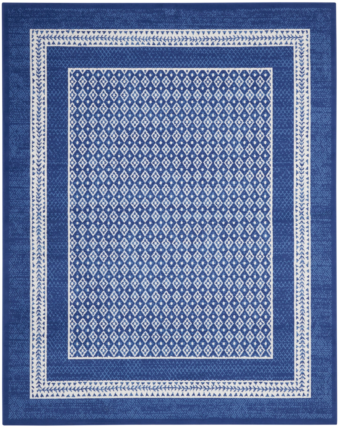 Navy blue rectangular woven rug with white diamond lattice center and double geometric borders.