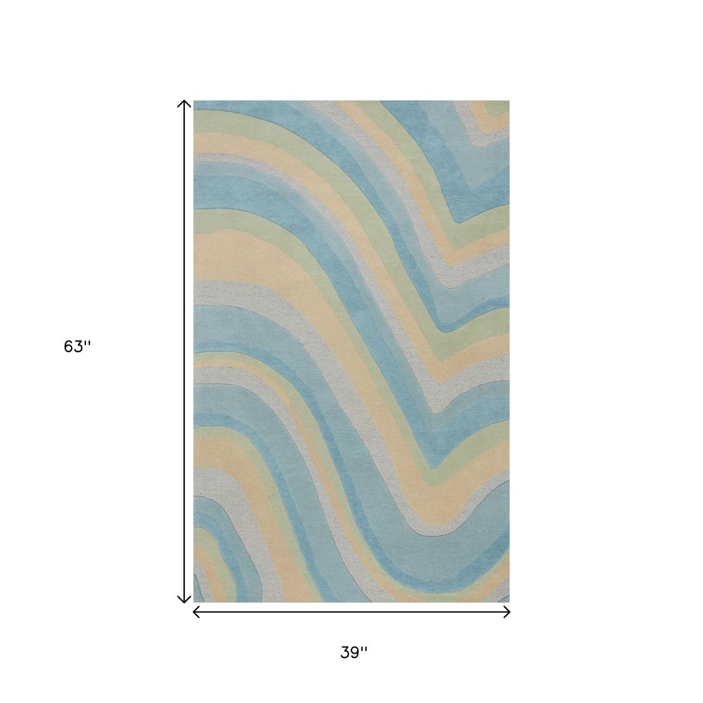 8' Blue Beige And Green Wool Abstract Hand Tufted Runner Rug
