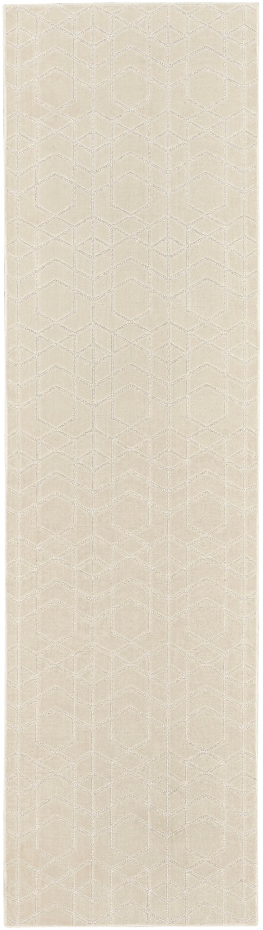 Beige textured rug runner with a subtle geometric chevron/diamond pattern and a fabric-like finish, 10' long.