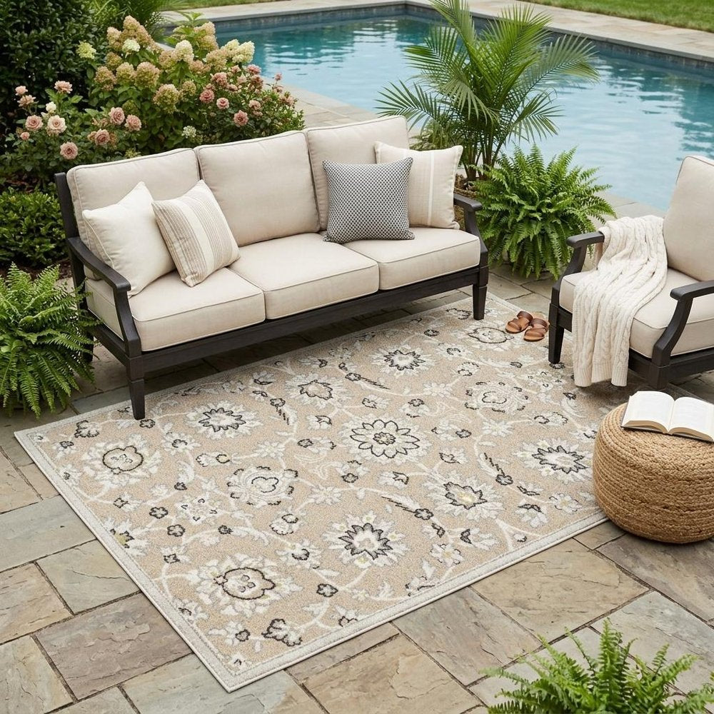 7' X 10' Beige Floral Indoor Outdoor Area Rug