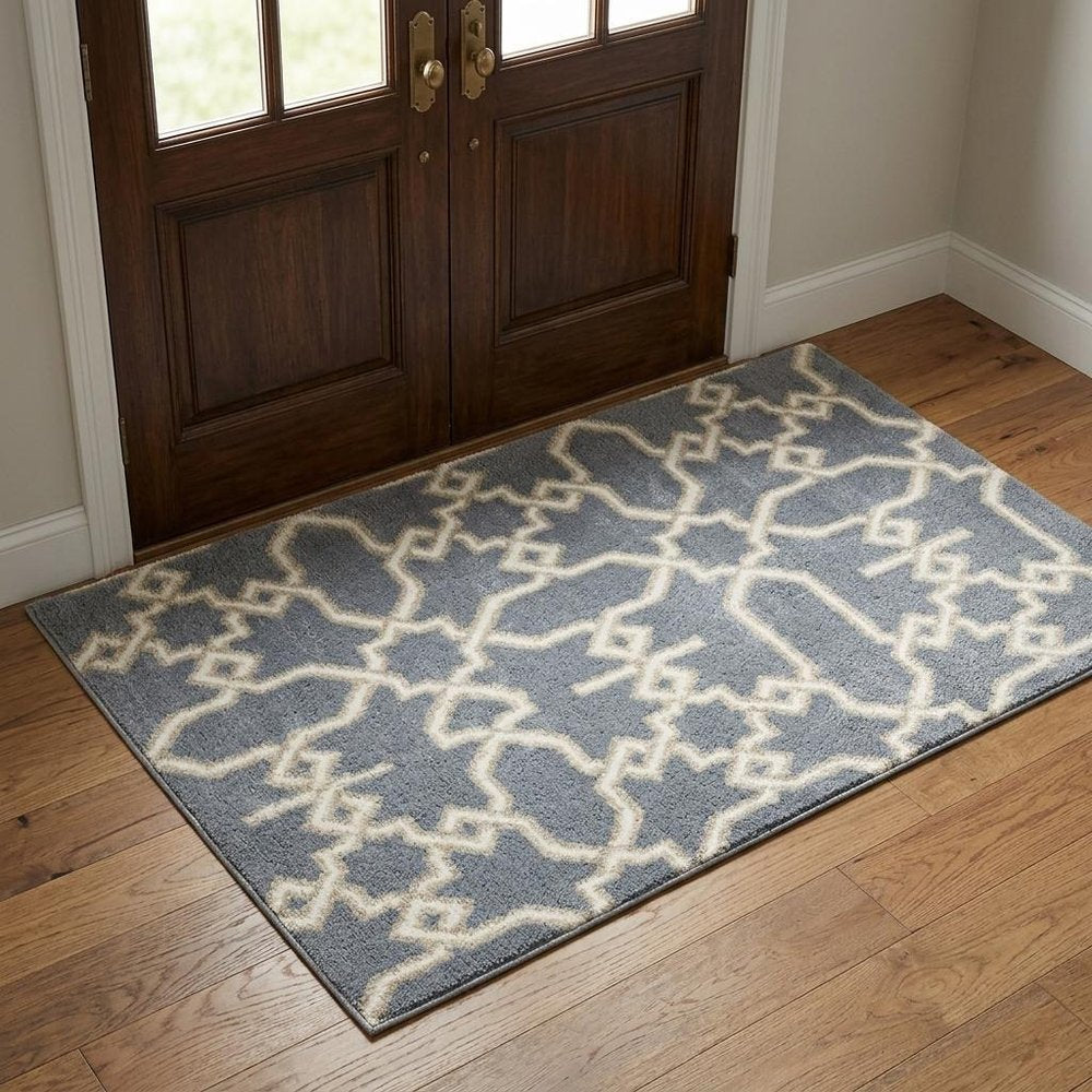 3' X 5' Slate Blue And Ivory Geometric Area Rug