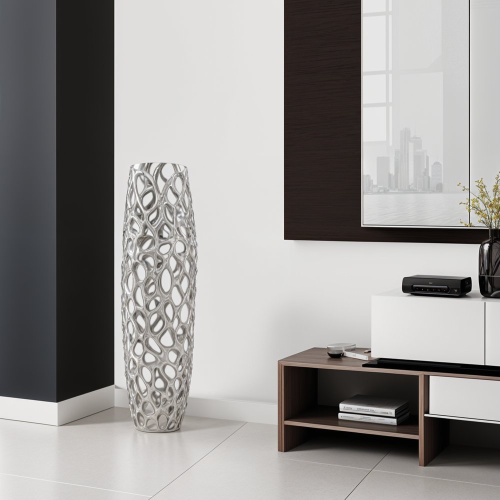 47" Aluminum Silver Twigs Cylinder Floor Vase