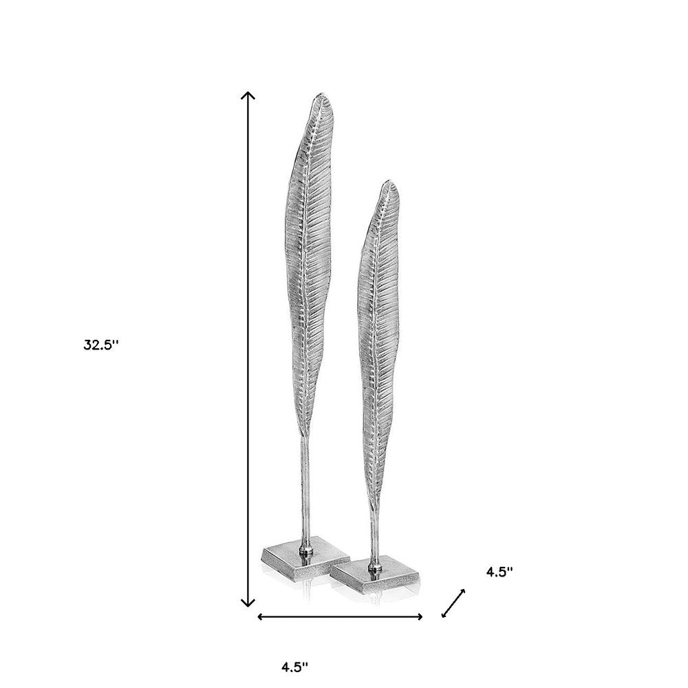 Set of Two Silver Aluminum Tall Feather Tabletop Sculptures