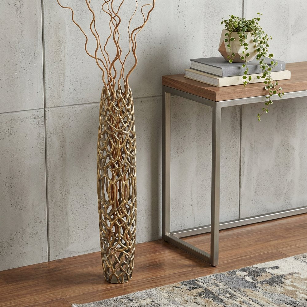 47" Aluminum Gold Twigs Cylinder Floor Vase