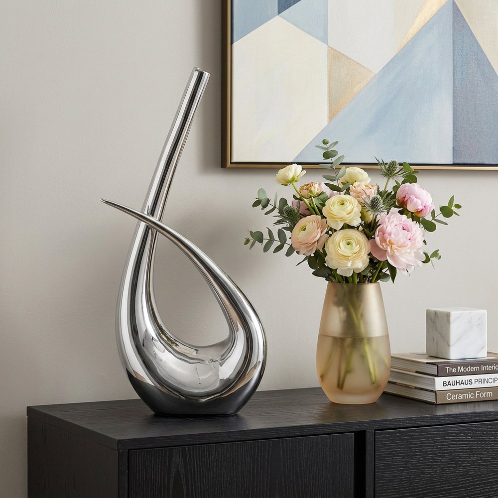 20" Aluminum Silver Modern Abstract Table Vase
