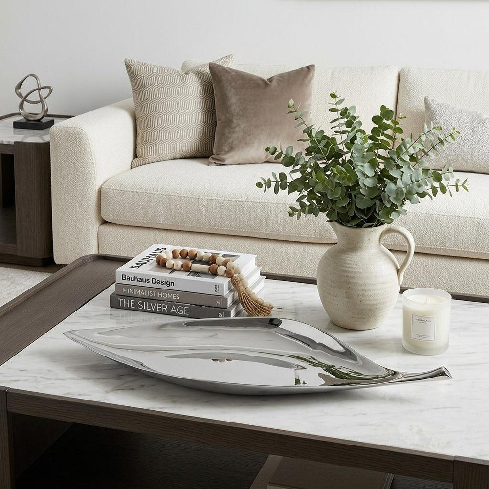 36" Silver Aluminum Leaf Shaped Centerpiece Bowl