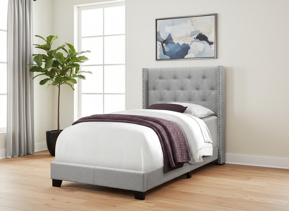 Gray Solid Wood Twin Tufted Upholstered Linen Bed Frame with Nailhead Trim