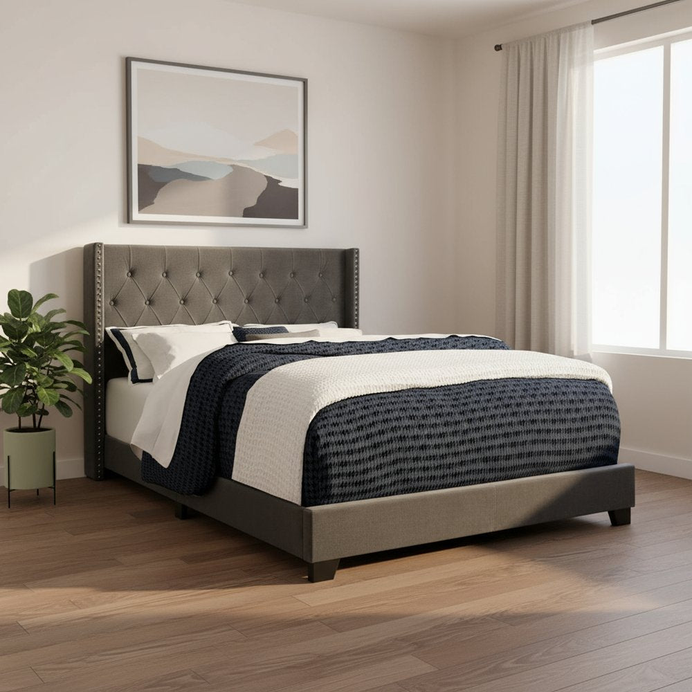 Solid Wood Queen Tufted Gray Upholstered Velvet Bed With Nailhead Trim