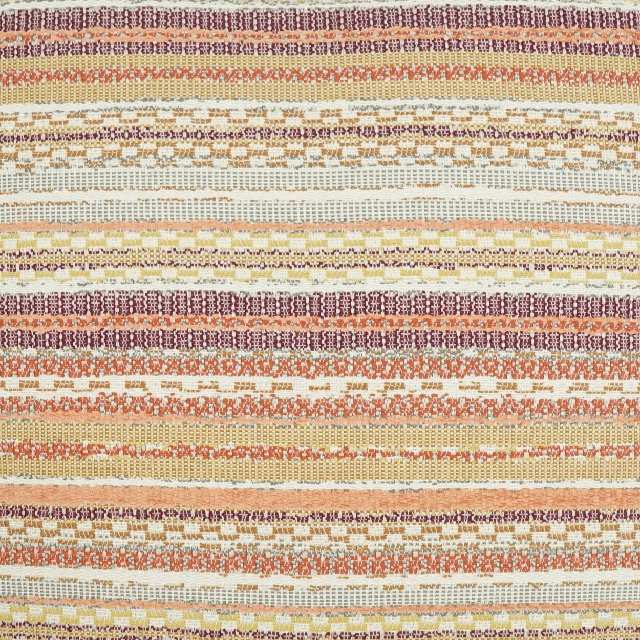 Horizontal striped woven fabric in earthy oranges, browns, creams and purple with a textured pattern.