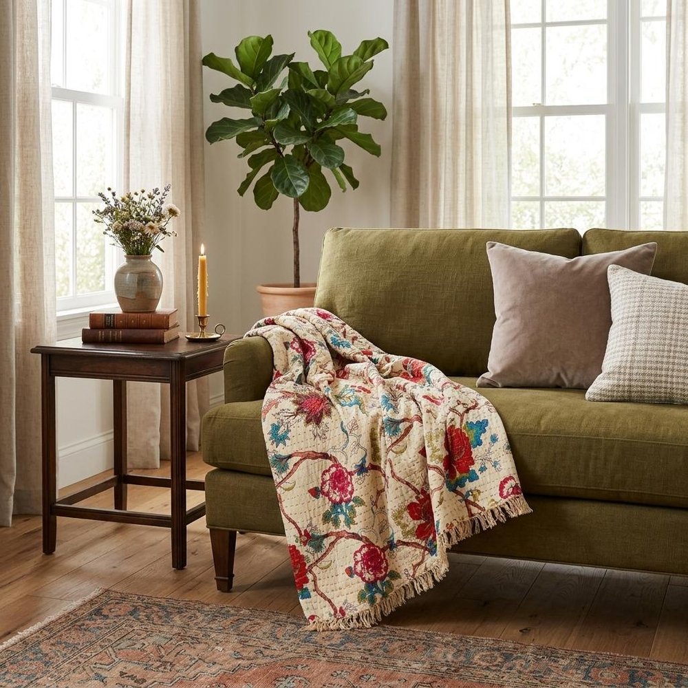 50" X 70" Yellow and Red Kantha Cotton Floral Throw Blanket with Embroidery