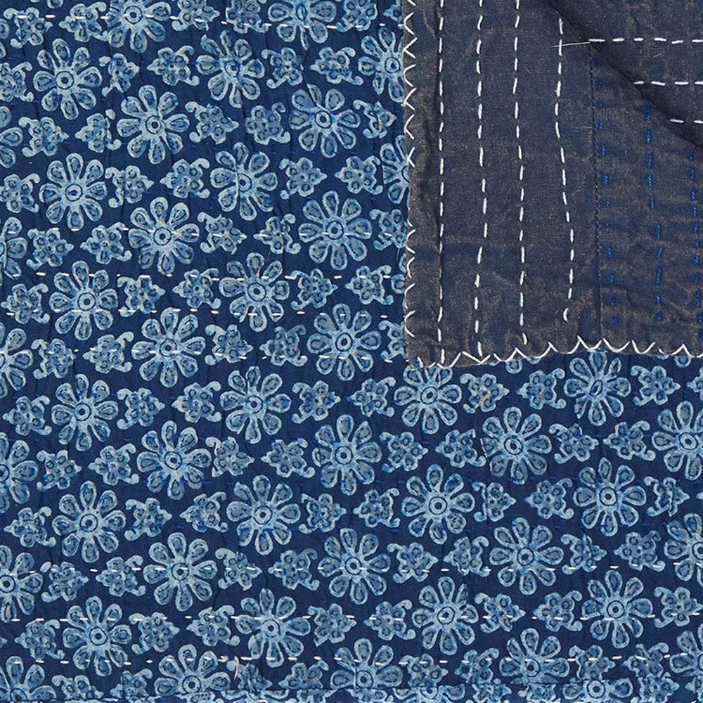 50" X 70" Blue Kantha Cotton Floral Throw Blanket with Embroidery