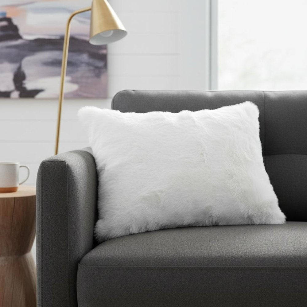 5" X 12" X 20" 100% Natural Rabbit Fur White Pillow