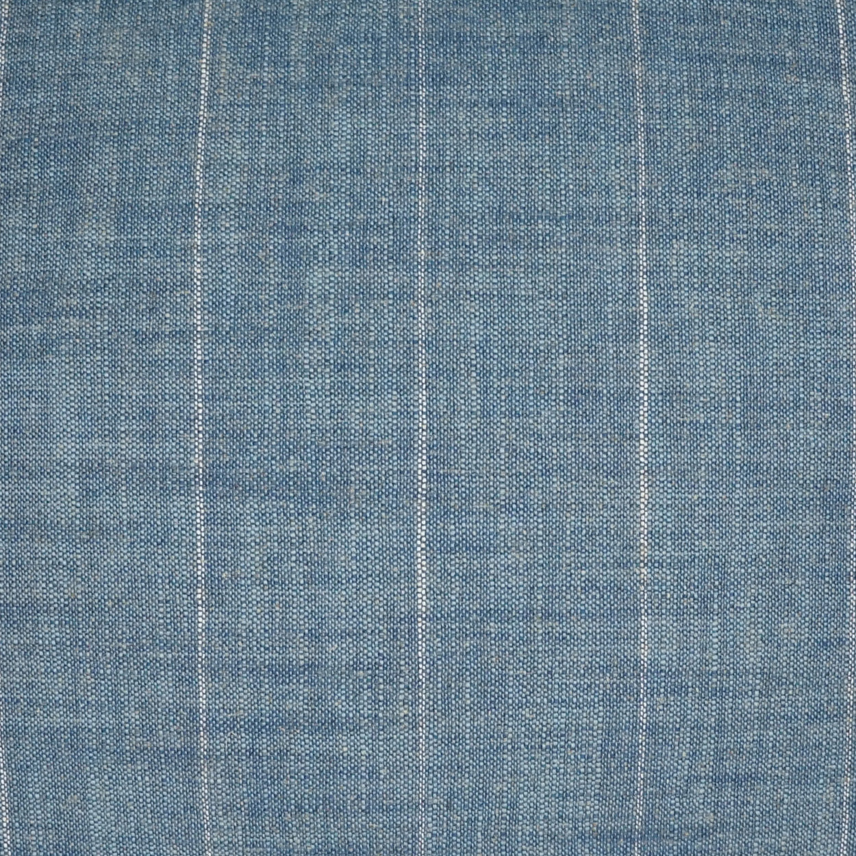Blue denim-like woven fabric with thin white vertical stripes.
