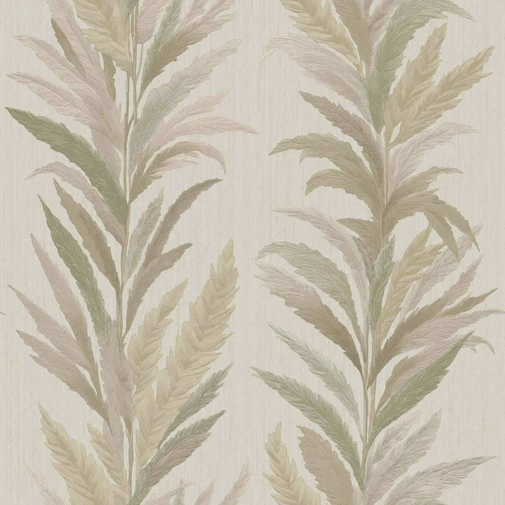 Neutral botanical wallpaper with tall palm fronds in sage, beige and blush on cream background.