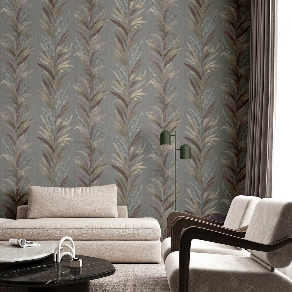 Living room with leaf flourish wallpaper in grey and bronze embossed pattern, beige sofa, black marble coffee table, green floor lamp, curved wood armchair.