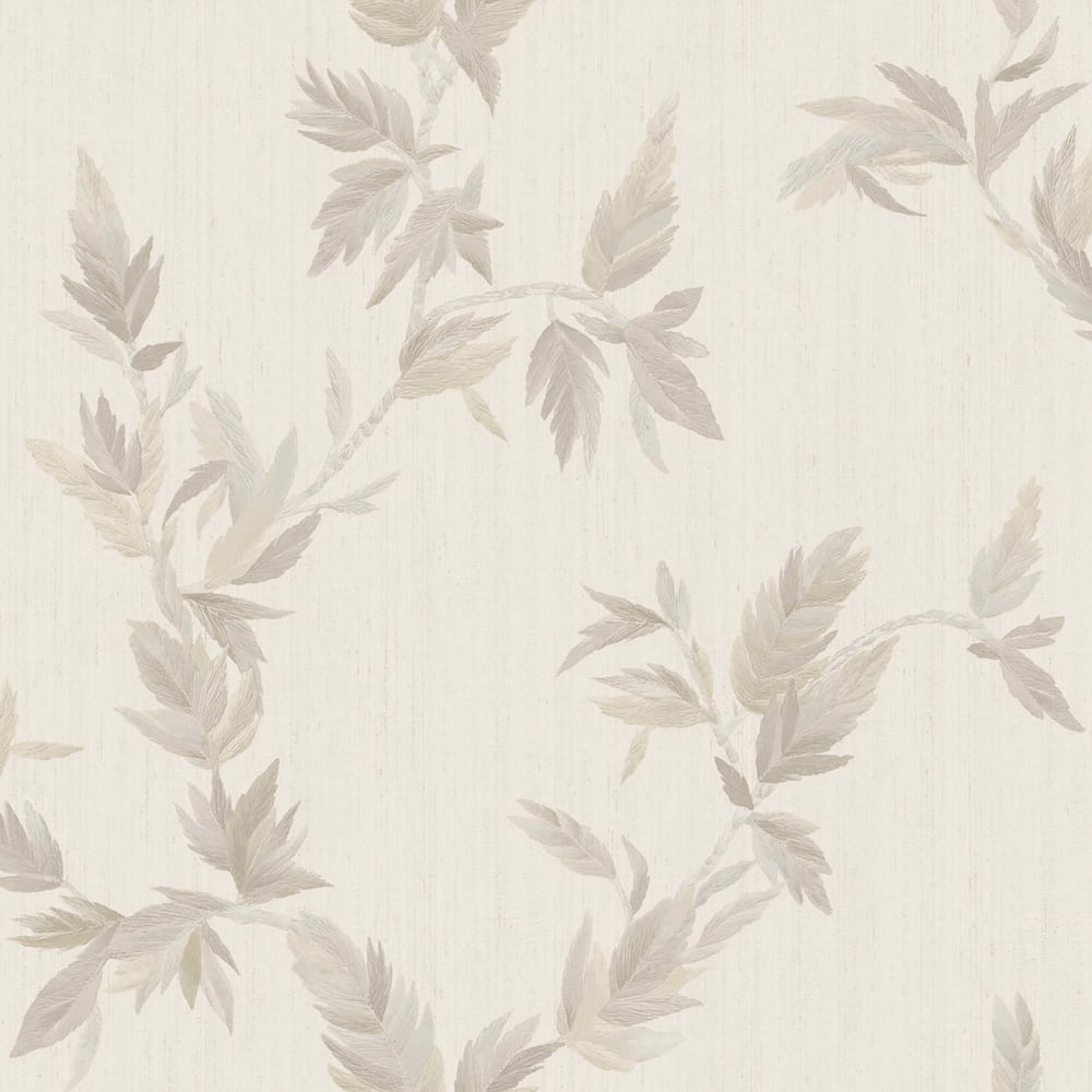 Cream wallpaper with a pale gray thin leaf botanical pattern in a subtle embossed repeating design; neutral wall covering.