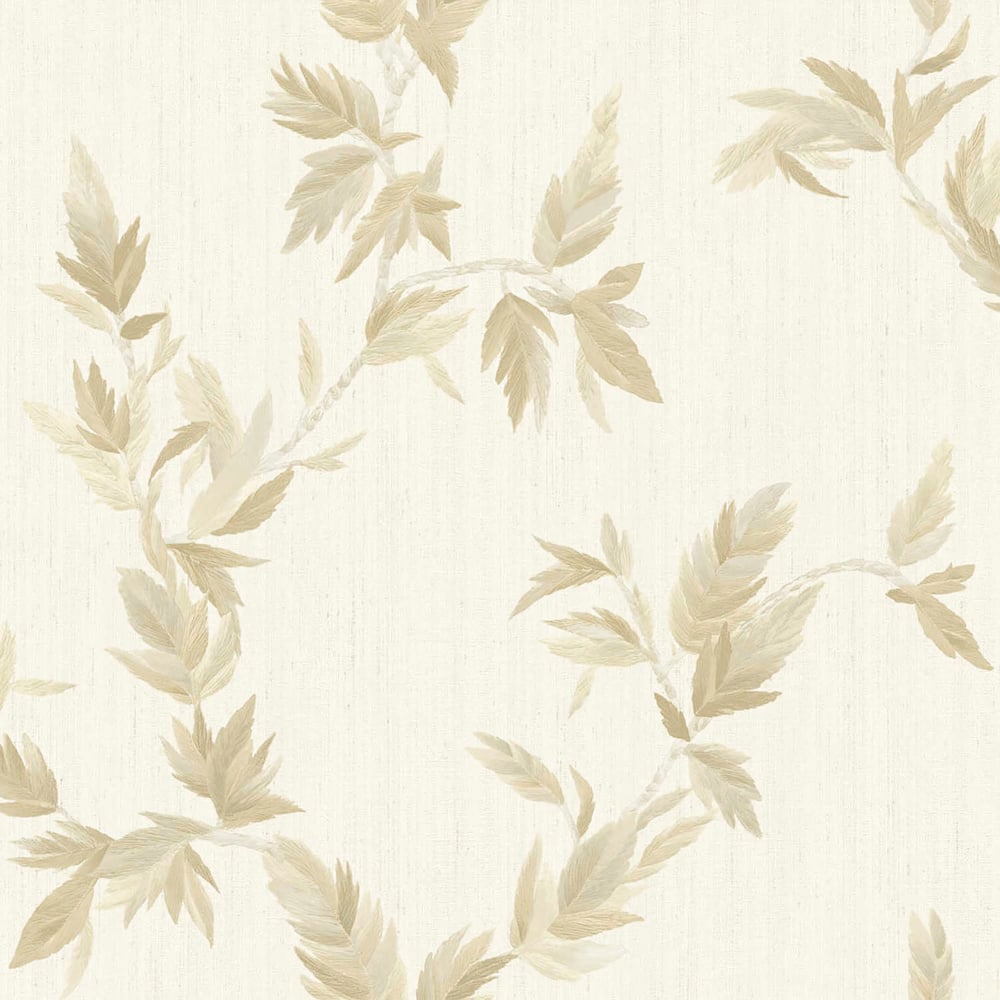 Cream wallpaper with a subtle beige botanical leaves and vines pattern, with gold embossed accents.