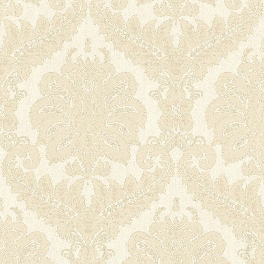 Beige damask wallpaper with cream floral medallions and scrolling motifs; elegant vintage damask pattern for walls.