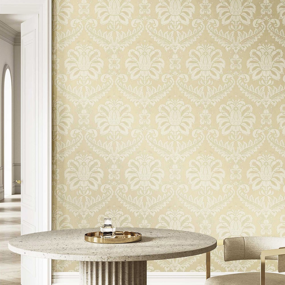 Cream textured traditional damask wallpaper on the wall in a modern classic living space.