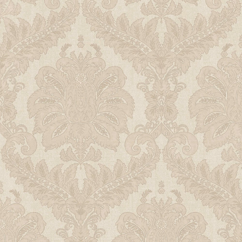 Cream damask wallpaper with beige and brown textured pattern; ornamental wall covering.