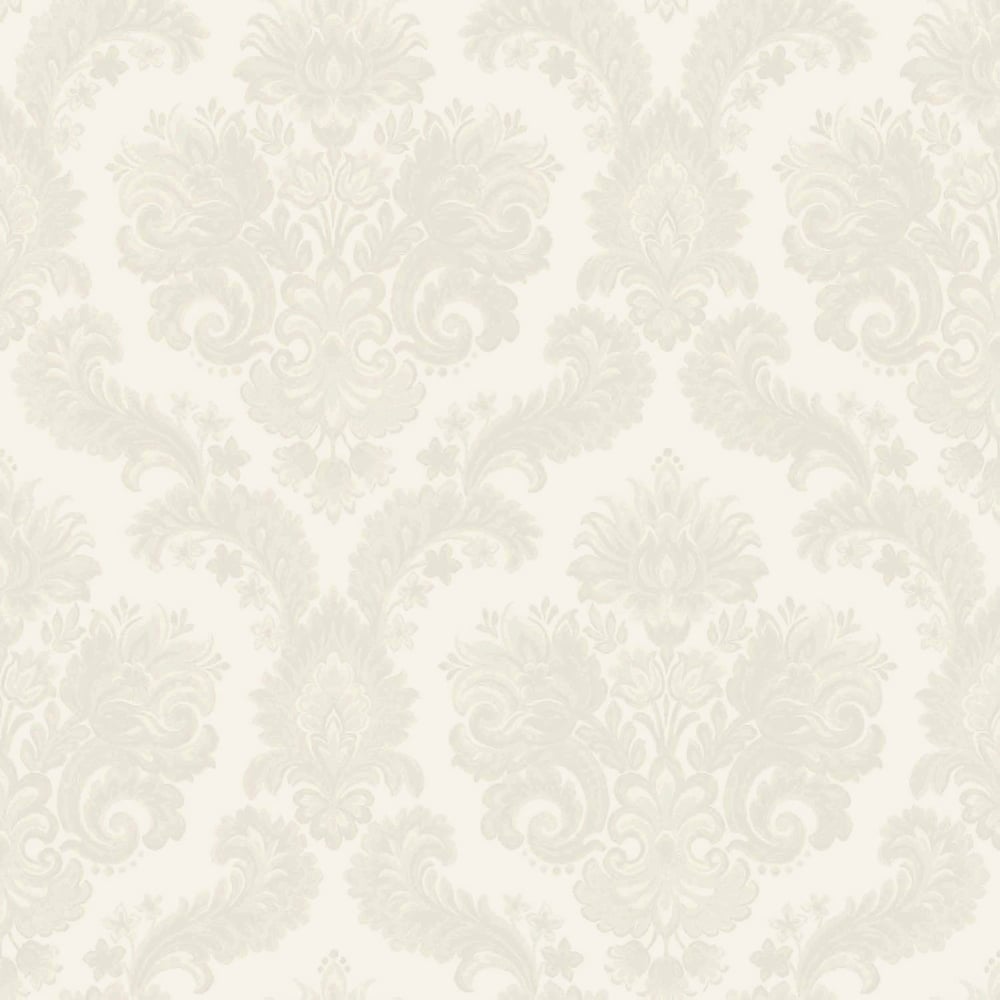 Cream wallpaper with beige damask floral pattern, ornate scrolling motifs.
