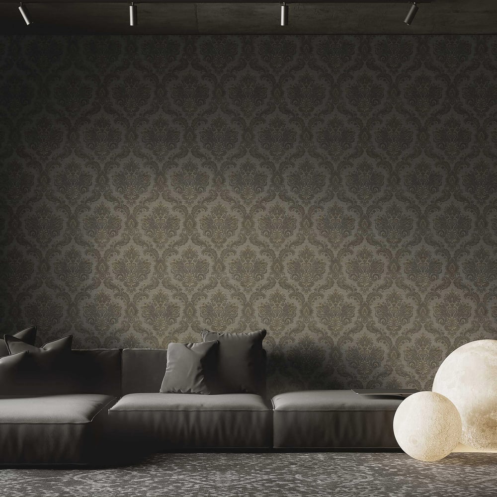 Beige and grey floral damask textured wallcovering.