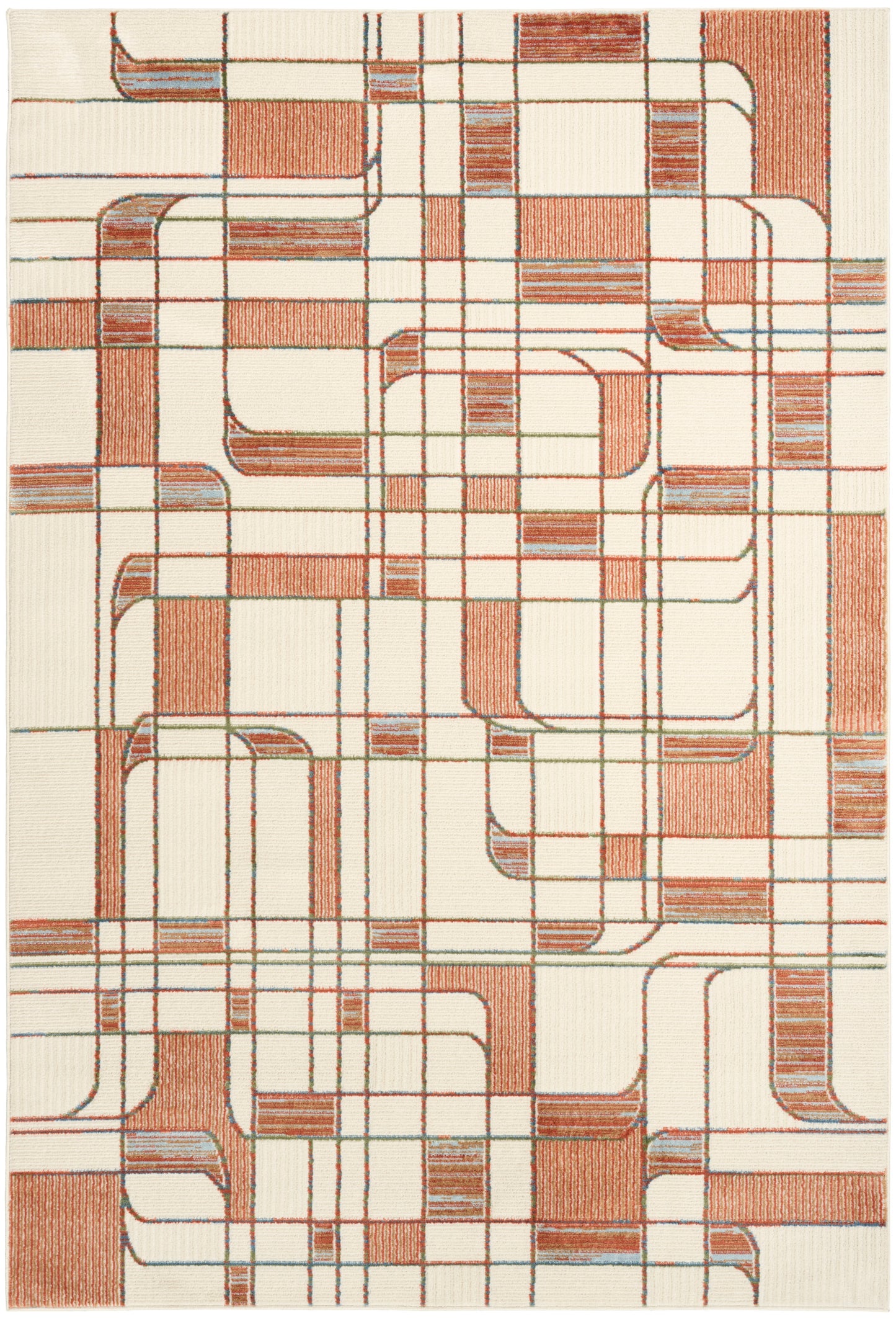 Cream woven rug with red-brown and blue curved lines forming an abstract interlocking grid; mid-century geometric style.
