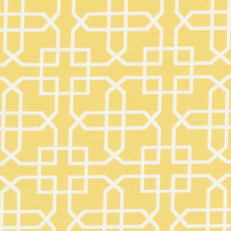 Yellow upholstery fabric with a white interlocking square lattice pattern.