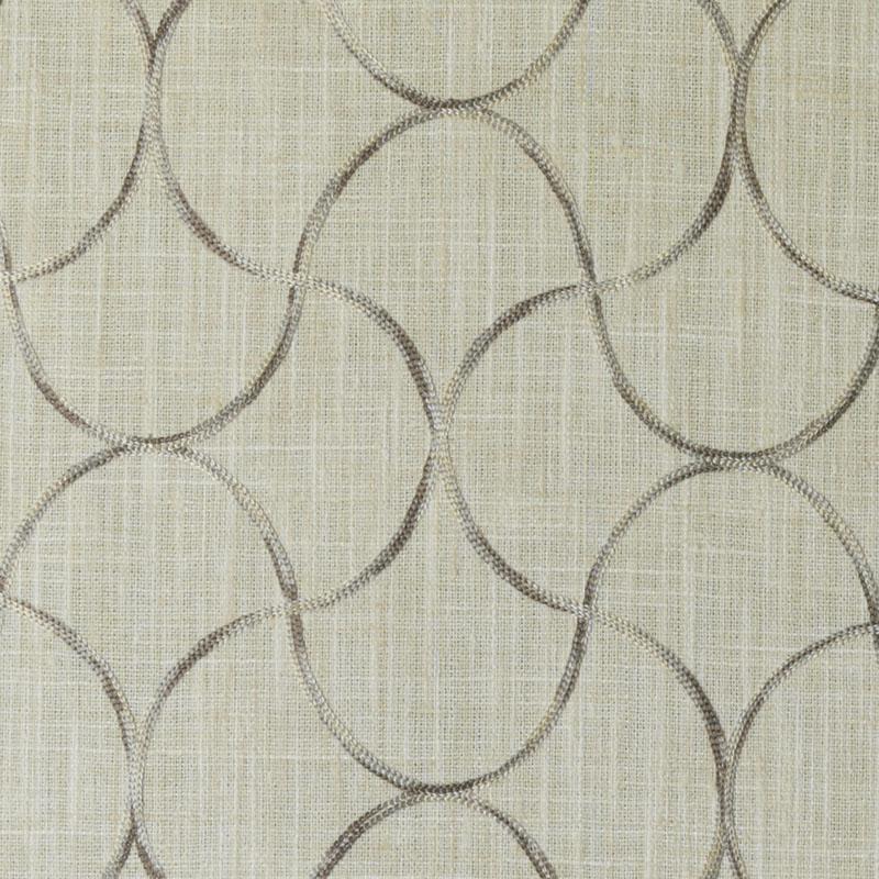 Beige linen-like drapery fabric with taupe curved arches forming a repeating geometric ogee pattern.