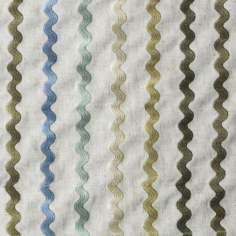 Woven upholstery fabric with vertical wavy stripes in olive, teal, blue, gold and cream on a beige background.