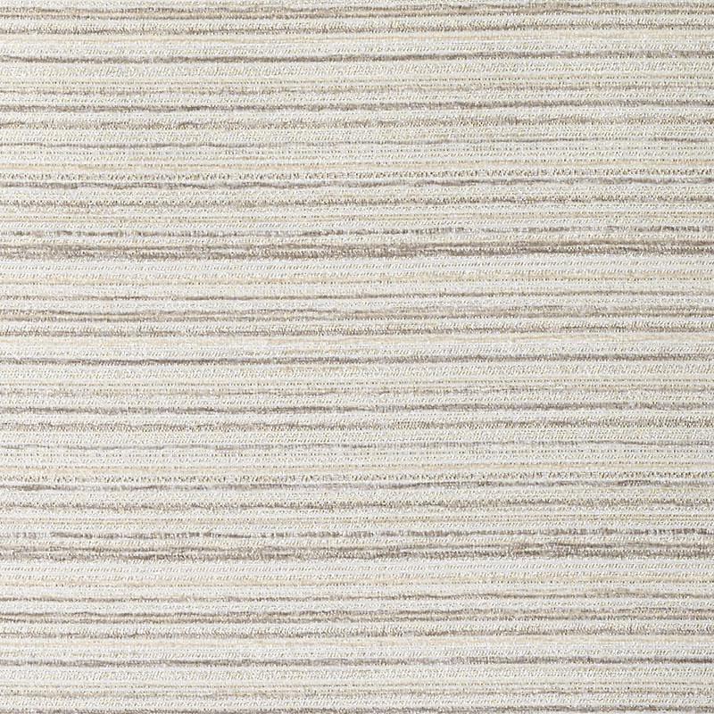 Beige striped woven upholstery fabric with cream and taupe horizontal bands; flat-weave texture.