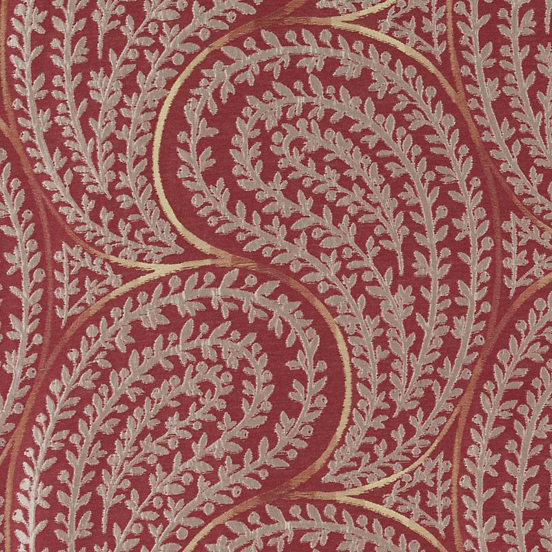 Deep burgundy drapery fabric with a gold scrolling fern damask pattern.