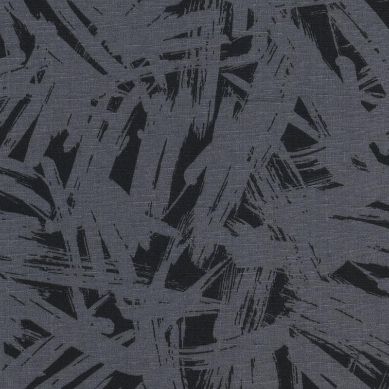Dark gray-blue drapery fabric with irregular black brushstroke pattern; linen-like weave, modern abstract print.