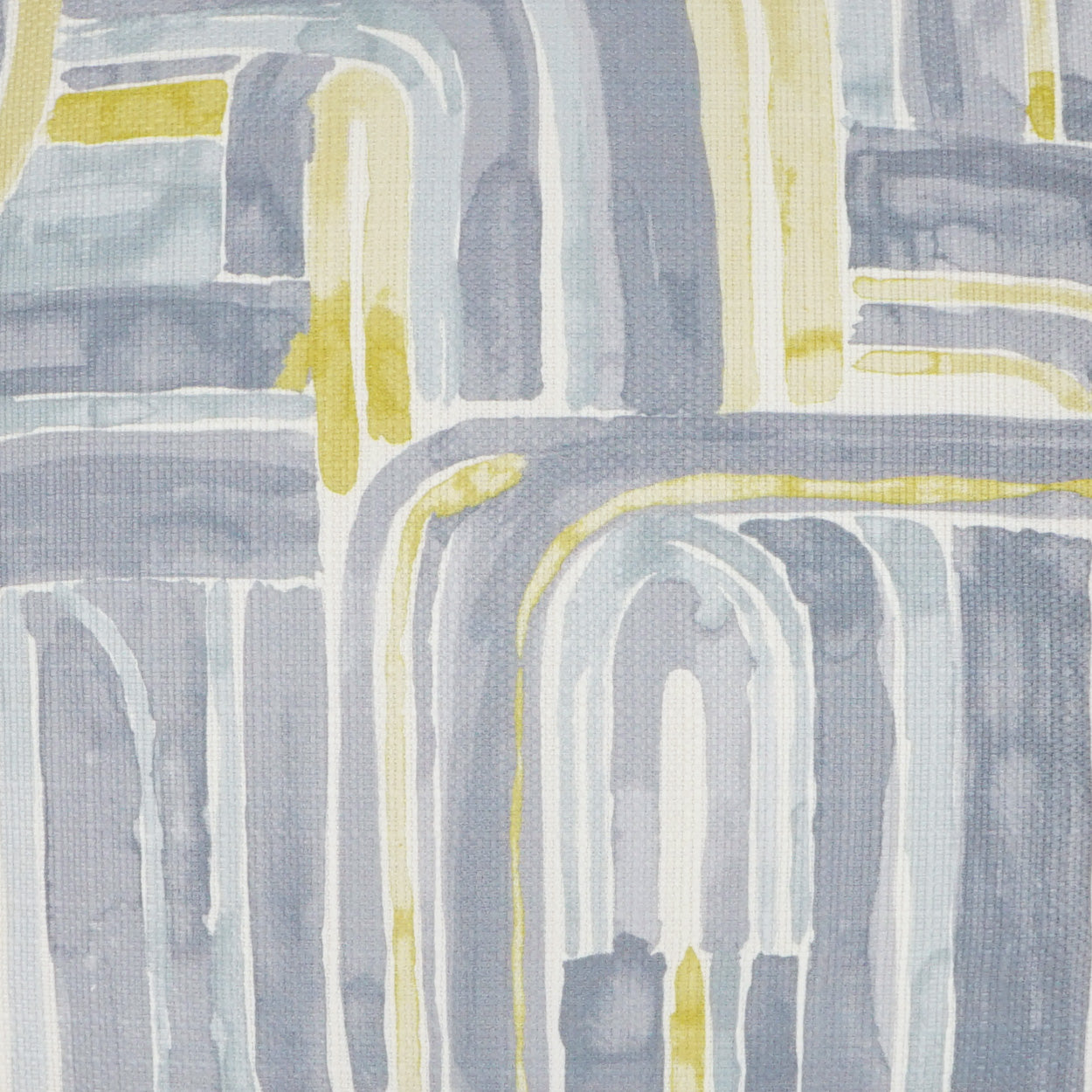 Abstract pastel-blue and gray fabric with white and yellow curved arches and geometric blocks.