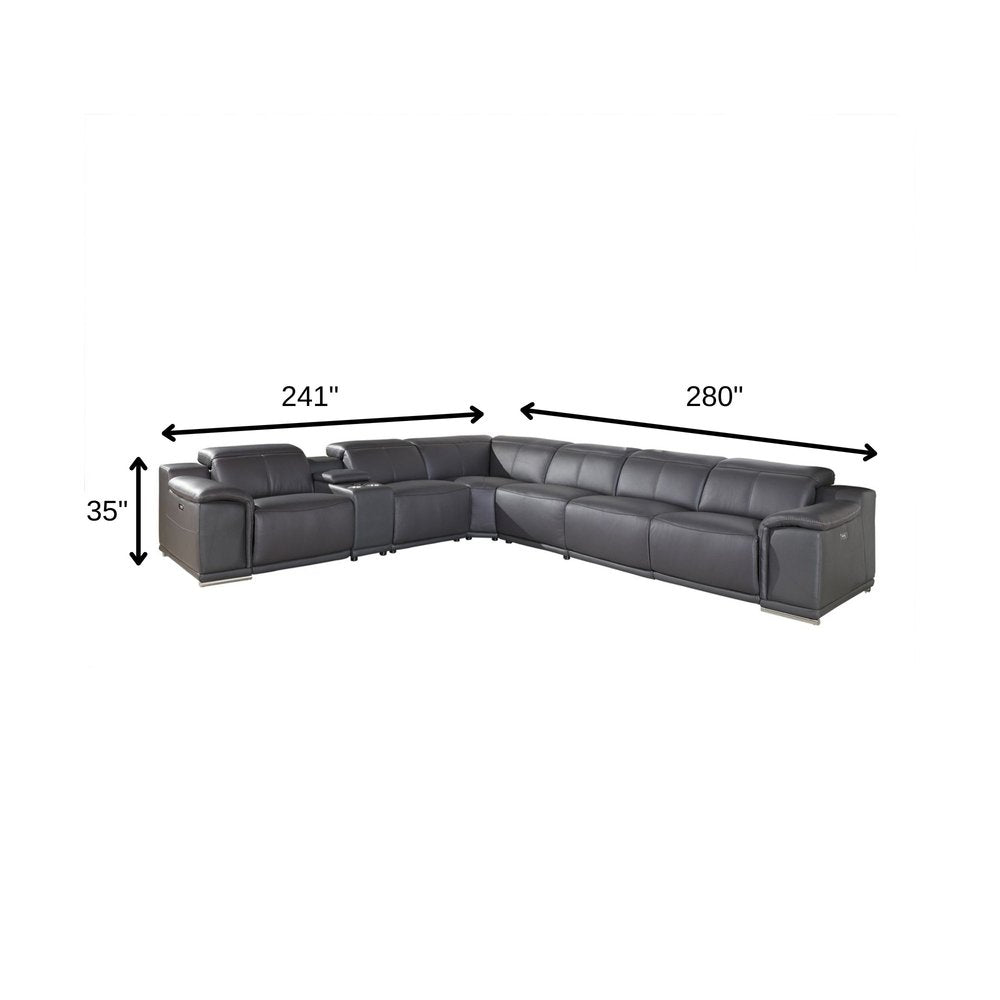 Gray Italian Leather Power Reclining U Shaped Seven Piece Corner Sectional With Console