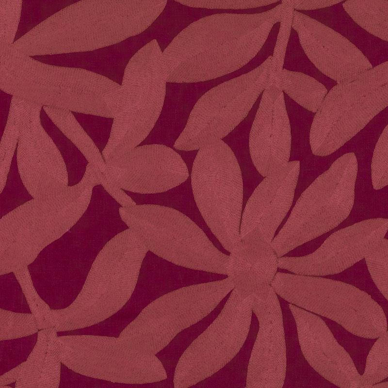 Cranberry drapery fabric with a botanical pink leaf pattern.