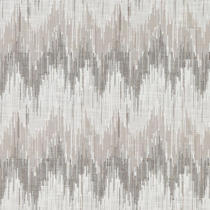 Neutral-toned ikat upholstery fabric in driftwood hues with beige, taupe and gray pattern and woven texture.