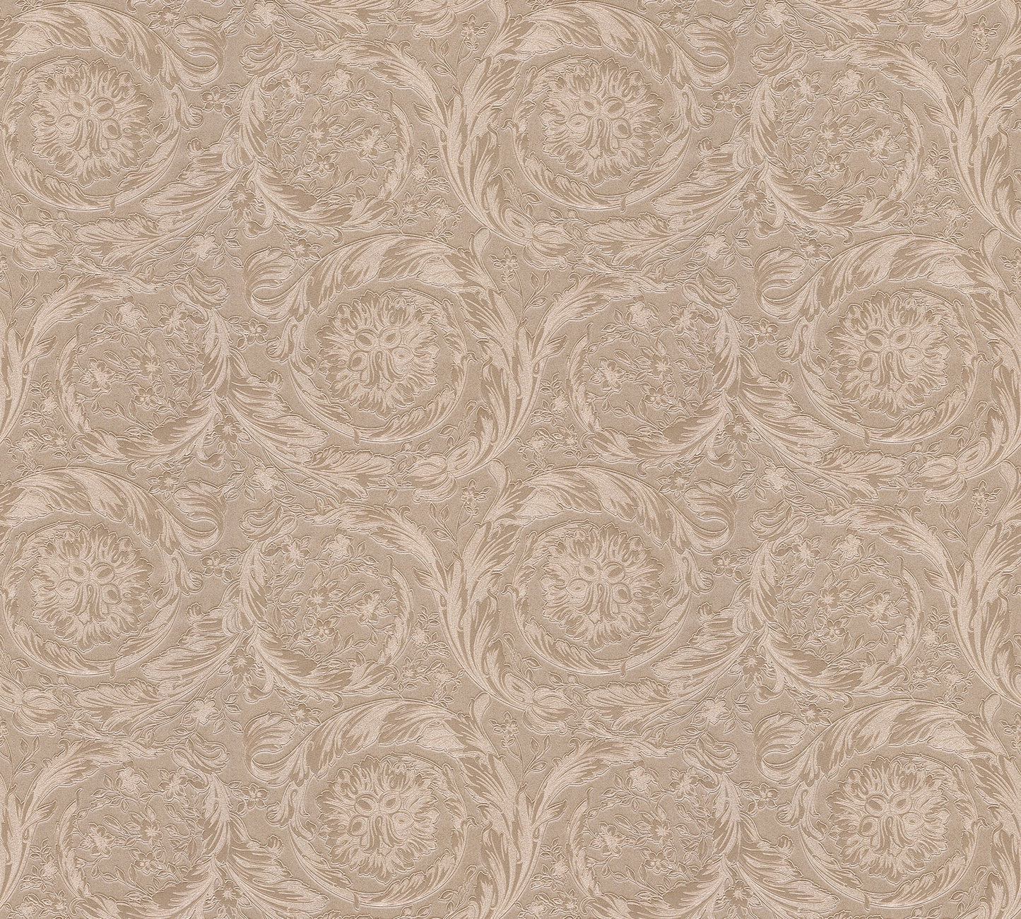 Pink damask wallpaper with acanthus leaf motifs and scrolling vines.