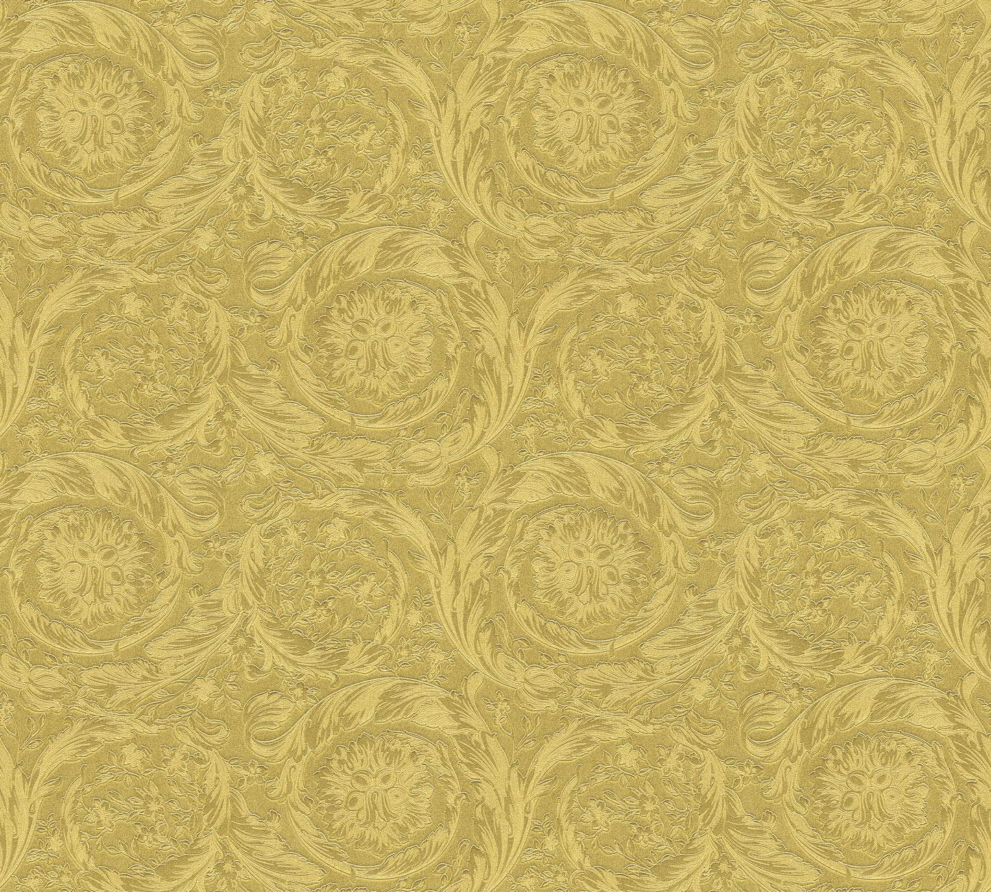 Gold damask pattern with ornate swirling floral motifs.