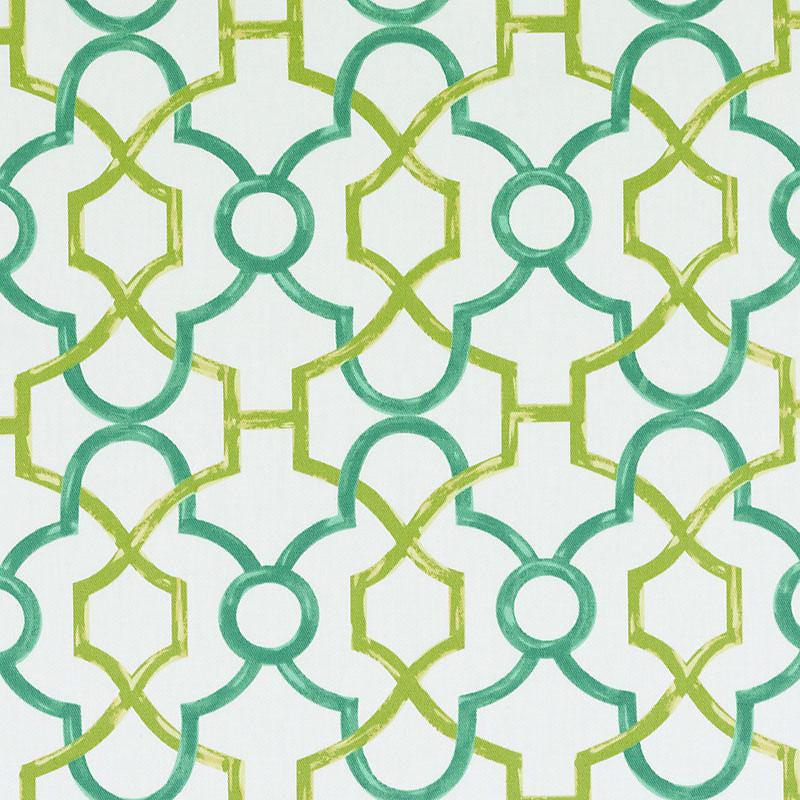 Teal and lime geometric lattice print featuring interlocking circles and hexagonal motifs.