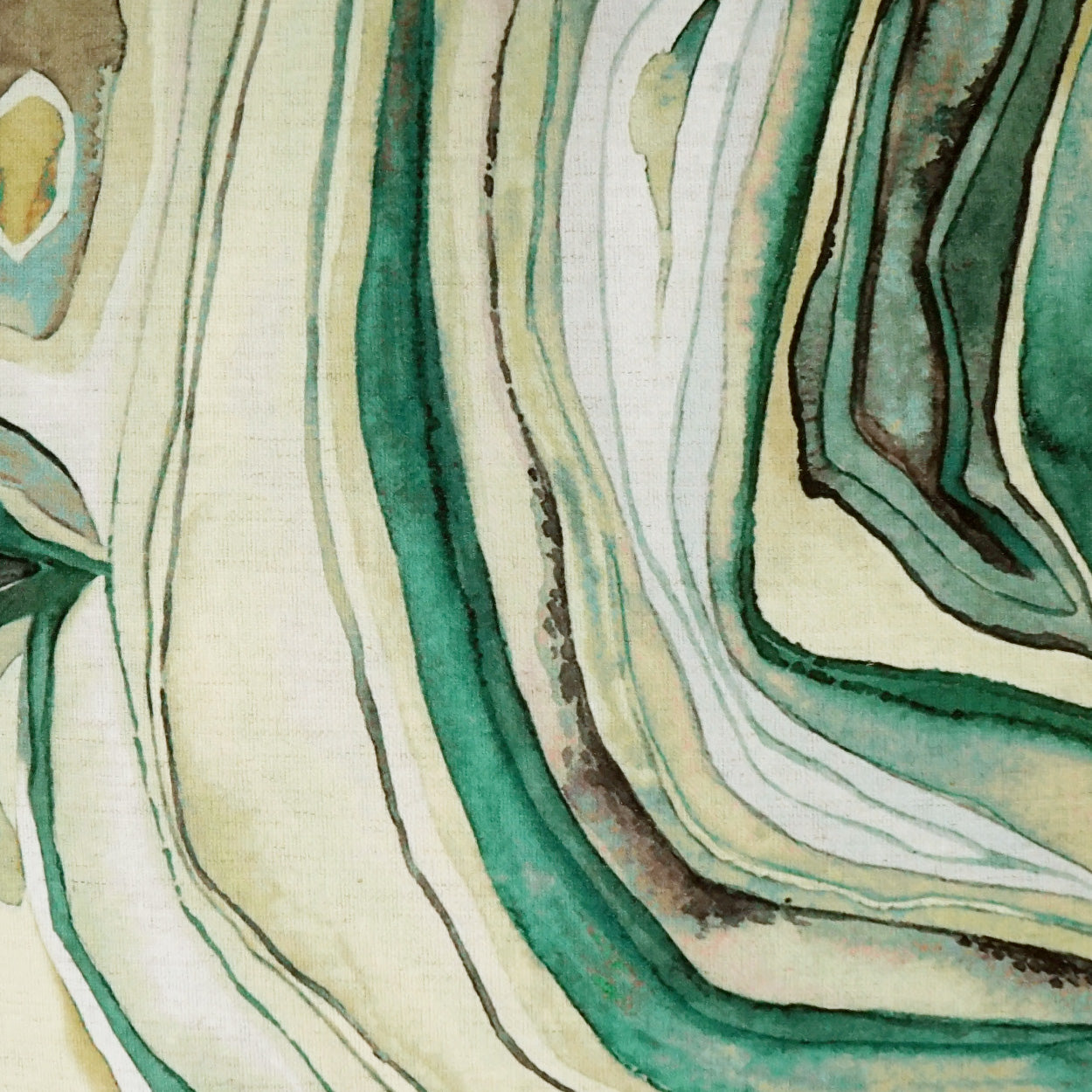 Watercolor green and cream abstract fabric pattern with wavy concentric lines; ideal for upholstery or drapery.